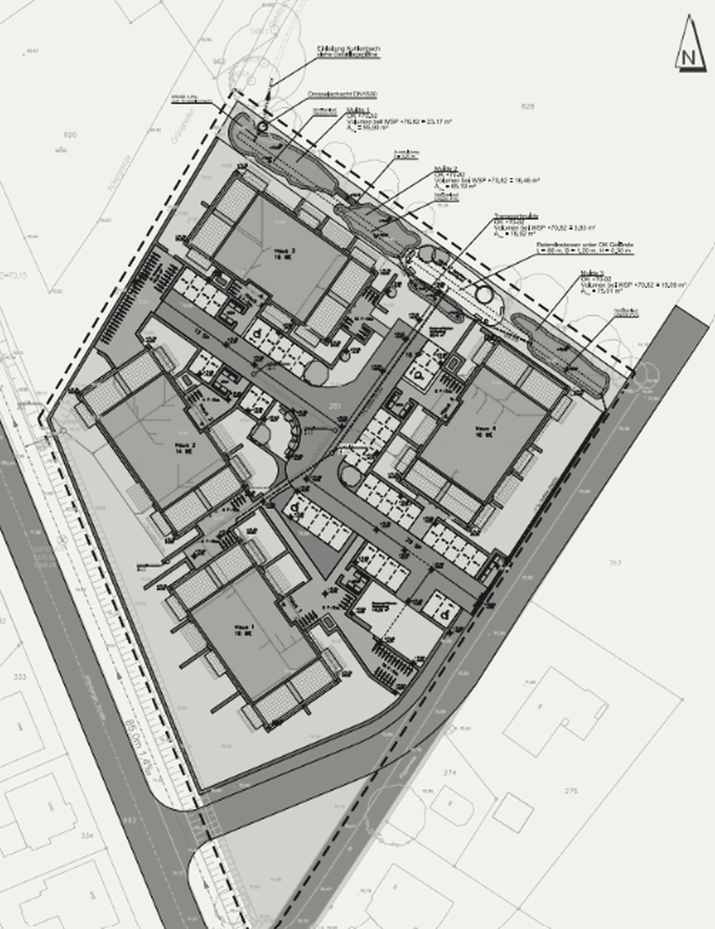 Lageplan Green Living Wilmsberg, vier Baukörper um eine gemeinsame Erschließung
