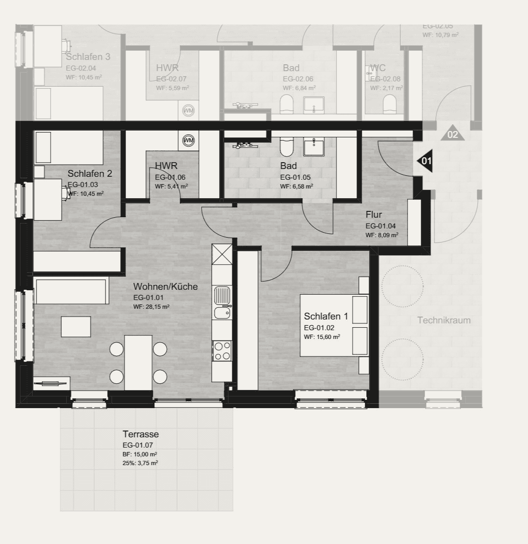 Grundriss Wohnung 01, Erdgeschoss, 78 m² mit Terrasse